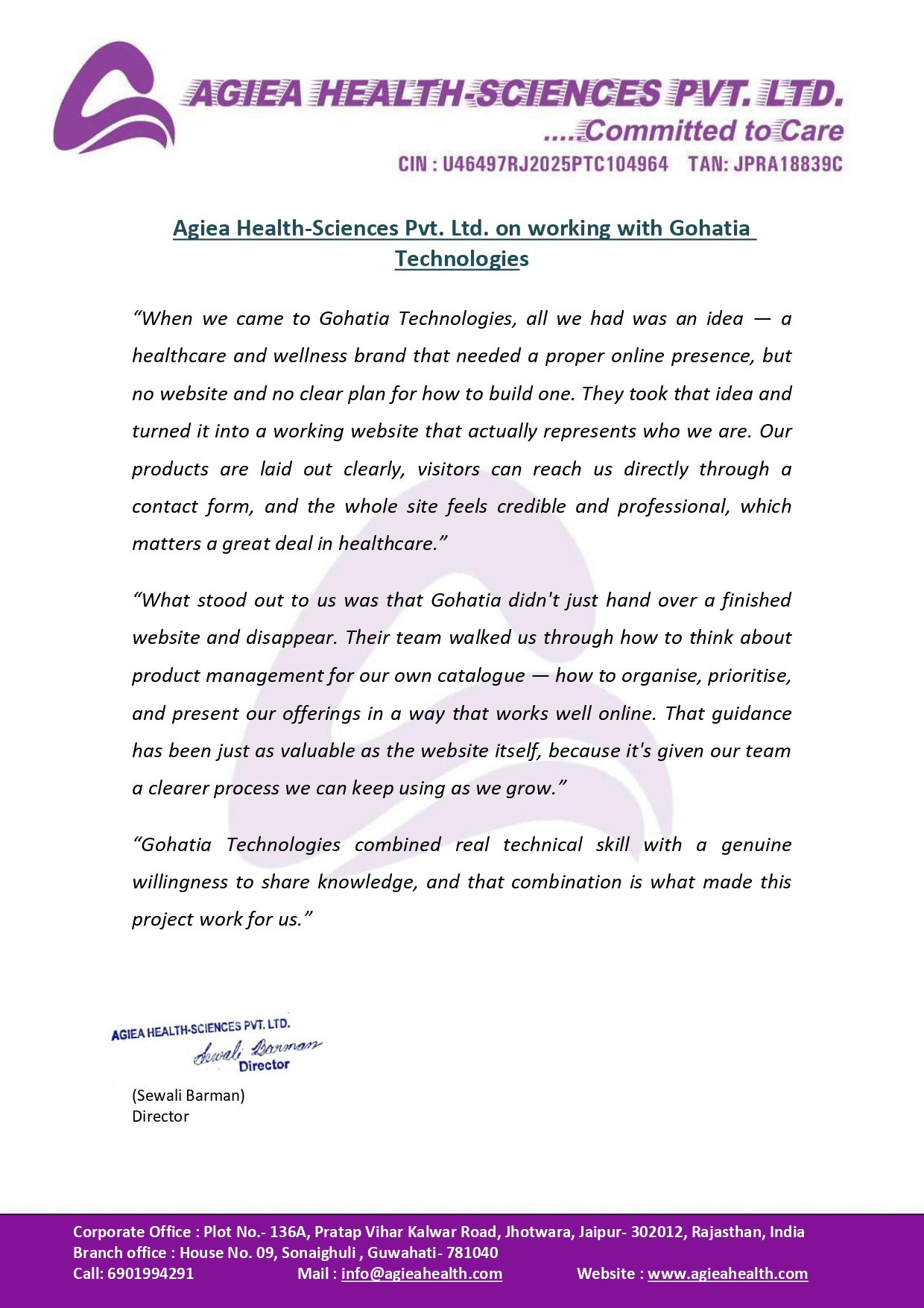 Client testimonial certificate